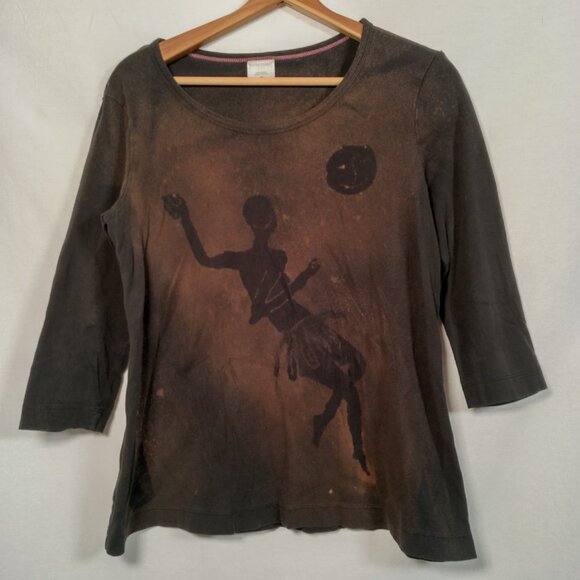 Motherhood Maternity Shirt Medium Black Bleach Dye Dancing Woman Artsy Comfort - Picture 1 of 12